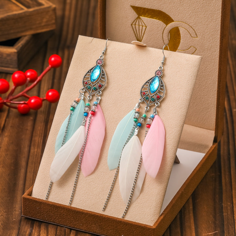 Feather Vintage Spot Drill Chain Small Earrings