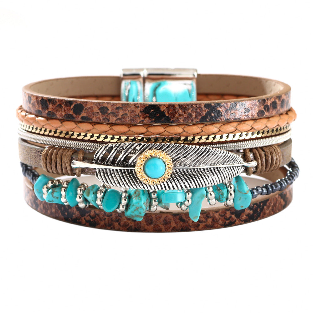 Women's Vintage Feather Trendy Unique Turquoise Gravel Bracelets