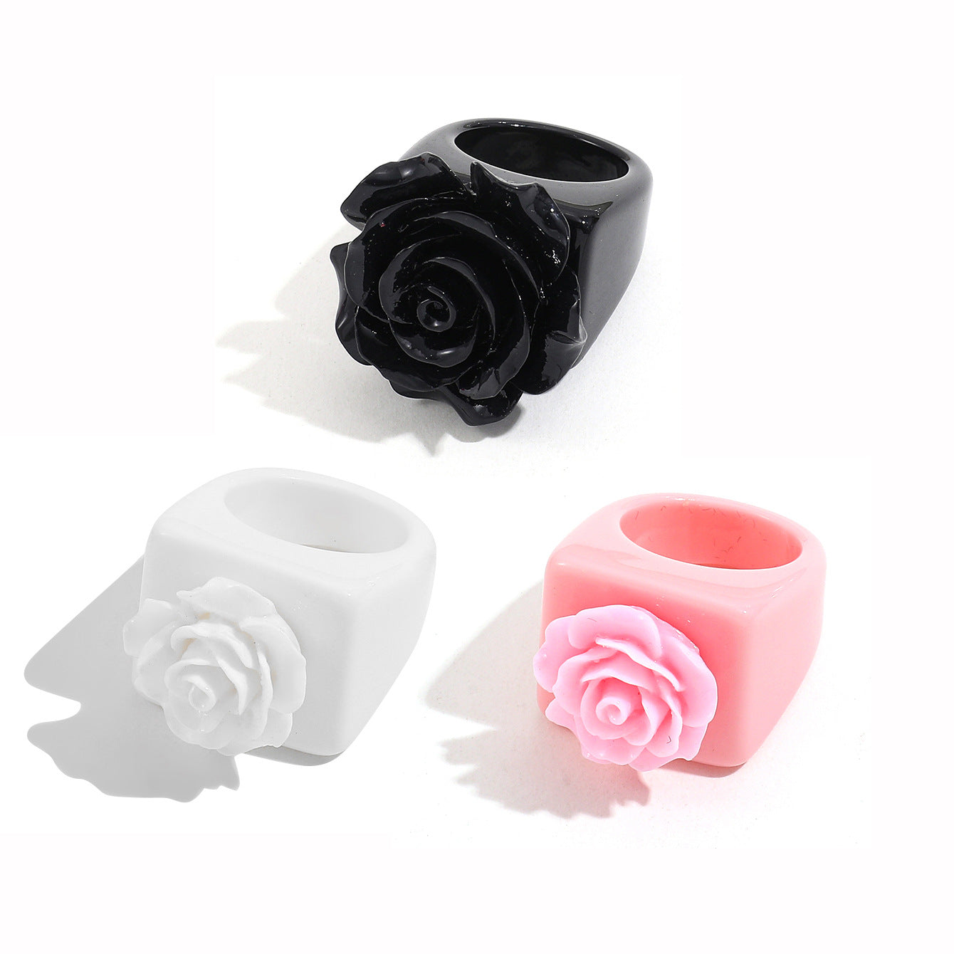 Asian Culture Black White Rose Resin Fashion Pink Decorative Punk Ring