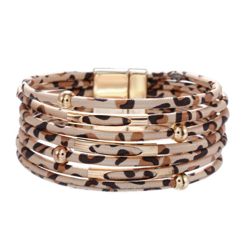 Print Magnetic Buckle Leather String Beads Rope Bracelets