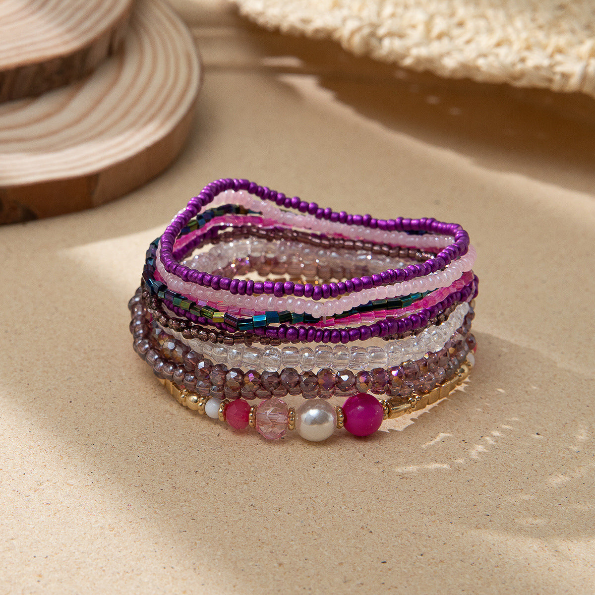 Women's Bohemian Vacation Style Twin Design Sense Glass Beads Stretch Bracelet