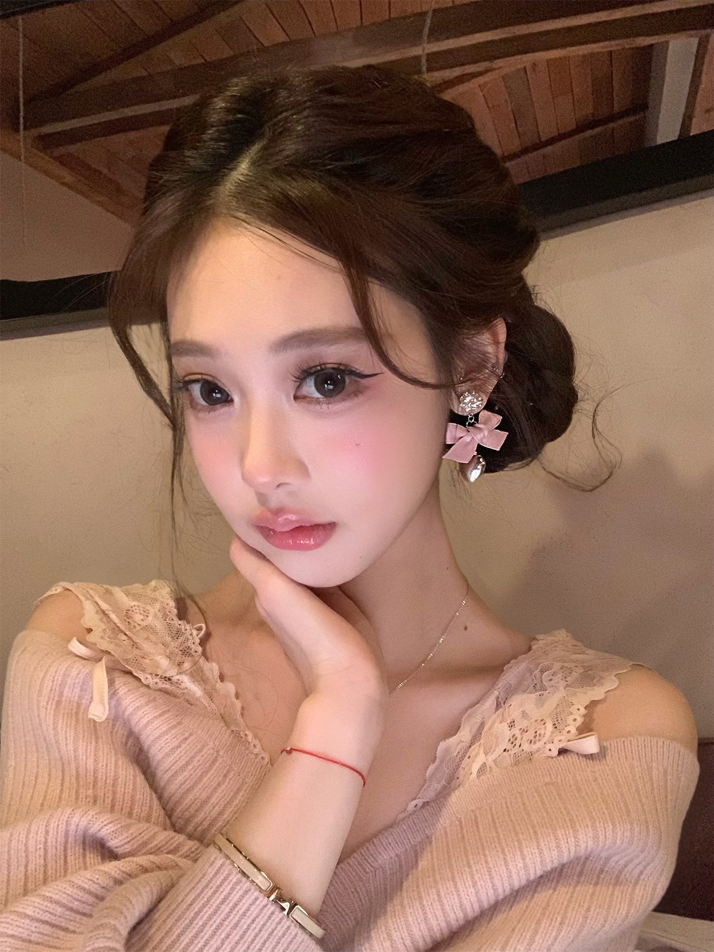 Women's Pink Bow Eardrops Light Luxury High-grade Earrings