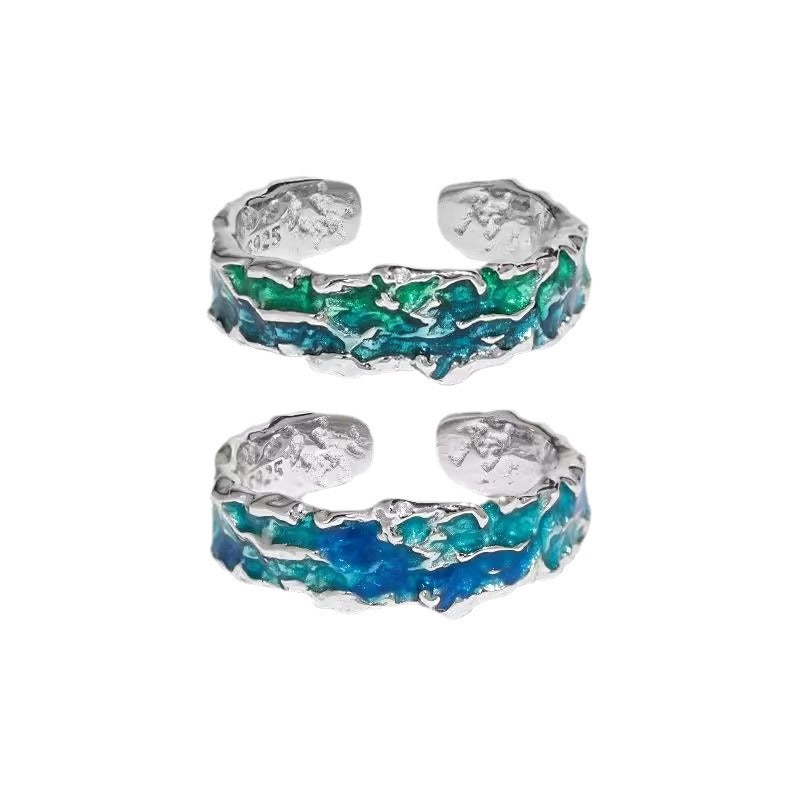 Women's Luxury Blue Green Drip Glazed Sterling Ring