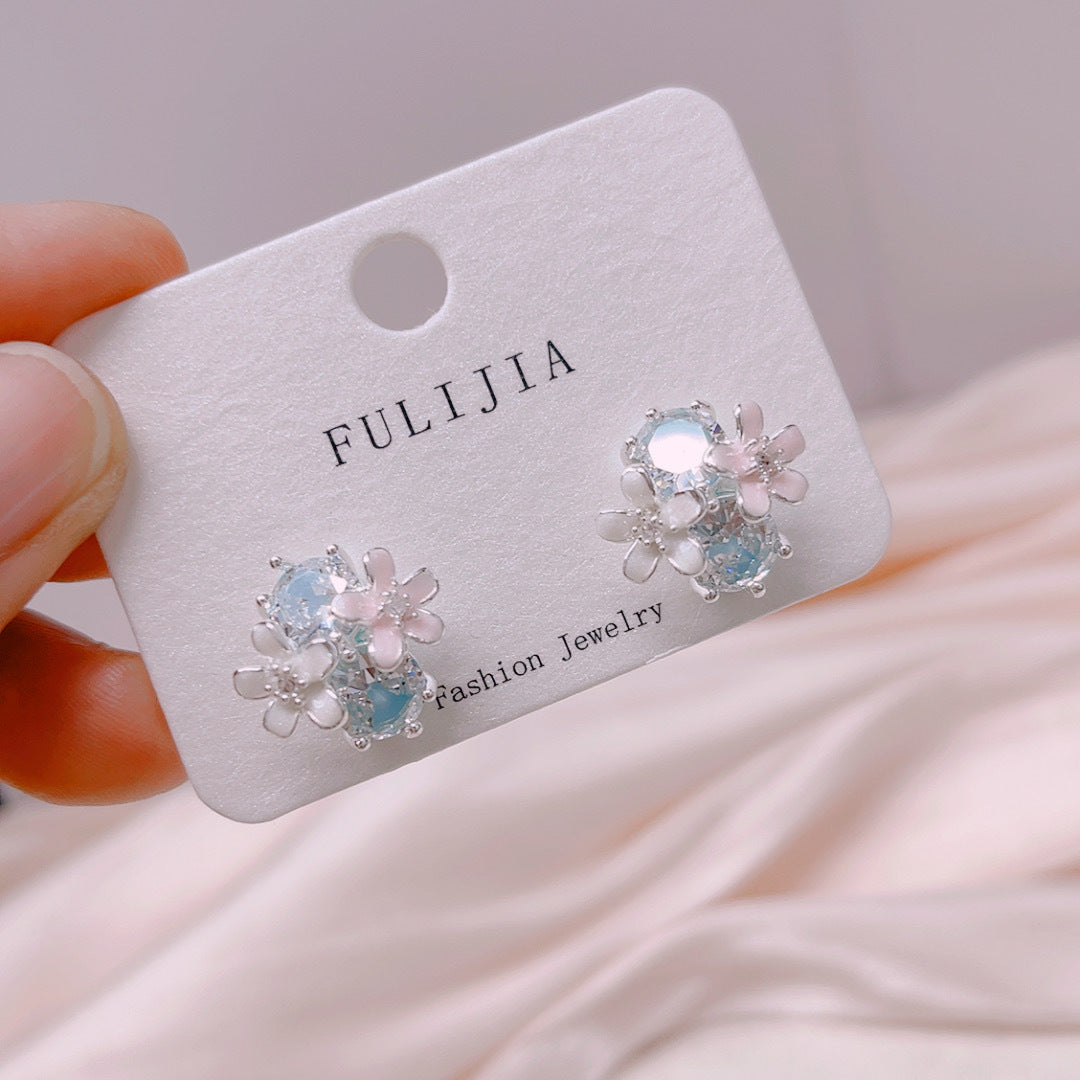 Unique Design Color Zircon Flower Super Fairy Cute Sier Stud Earrings
