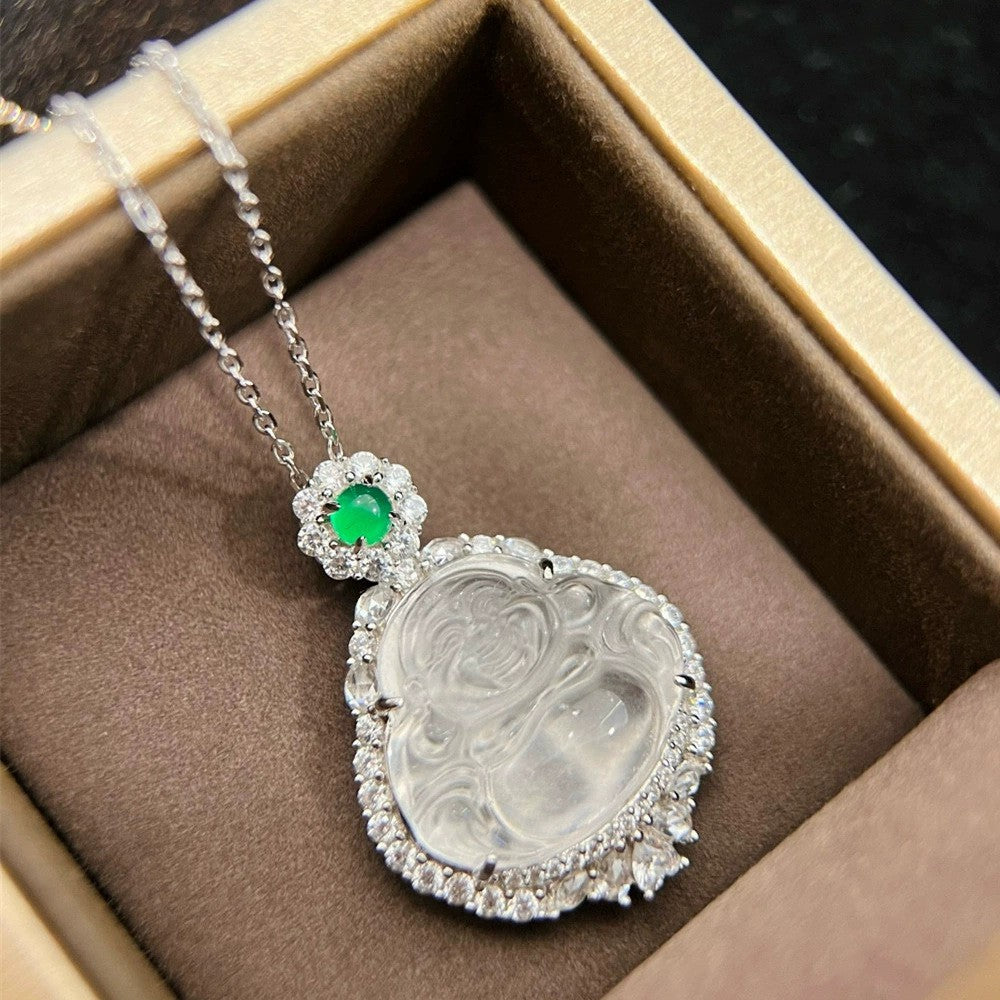 High Ice Chalcedony Buddha Titanium Steel Female Clavicle Necklaces