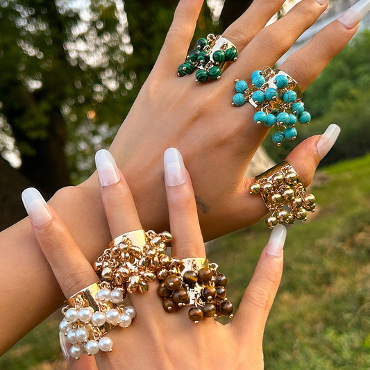 Women's Vintage Pearl Tassel Exaggerated Personality Turquoise Rings