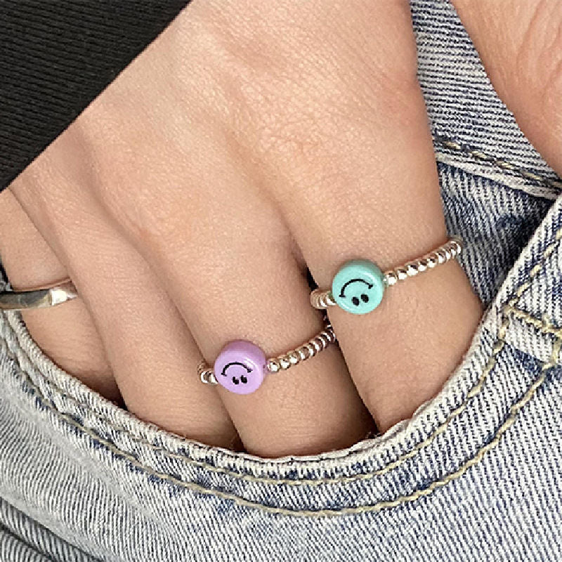 Women's Colorful Smiley Elastic Simple Beaded Index Rings