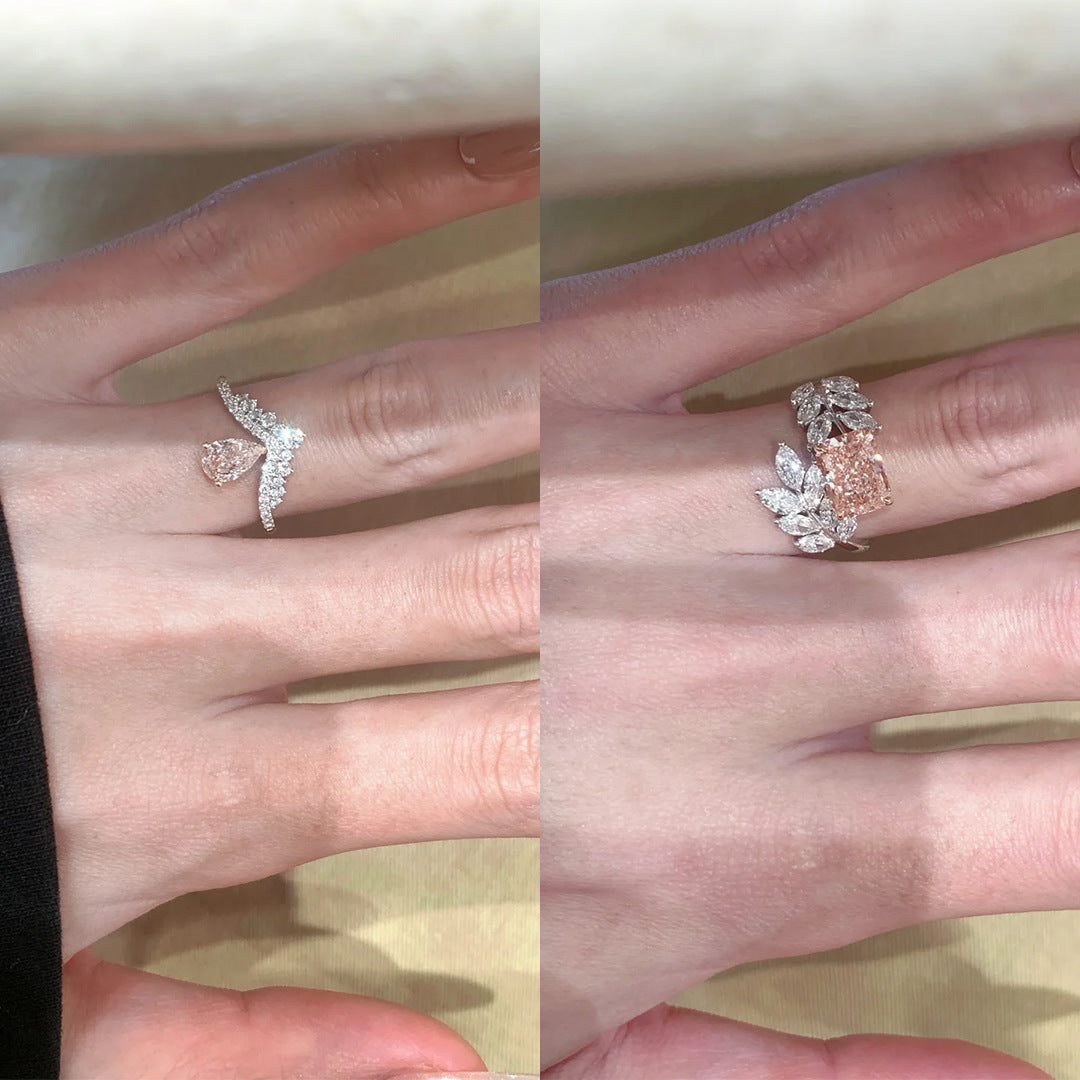 Women's Flower Cut Cube Sugar Wheat Leaf Flashing Light Luxury Drop-shaped Ring
