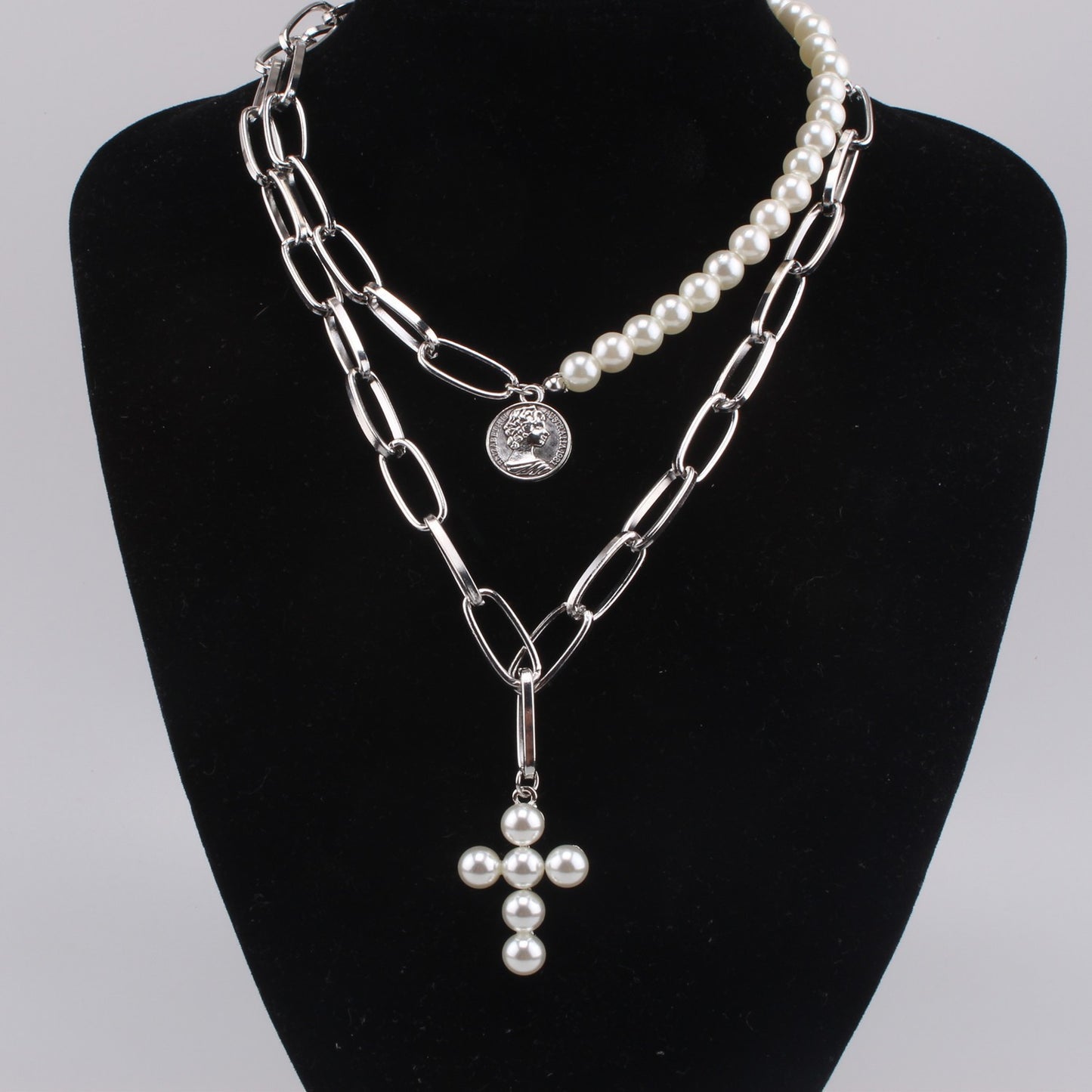 Cross Pearl Retro Style Seal Inlaid Necklaces