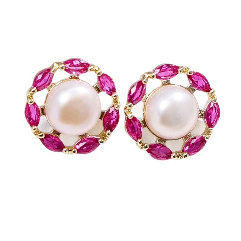 Women's Corundum Freshwater Pearl Ear Pigeon Blood Stud Earrings