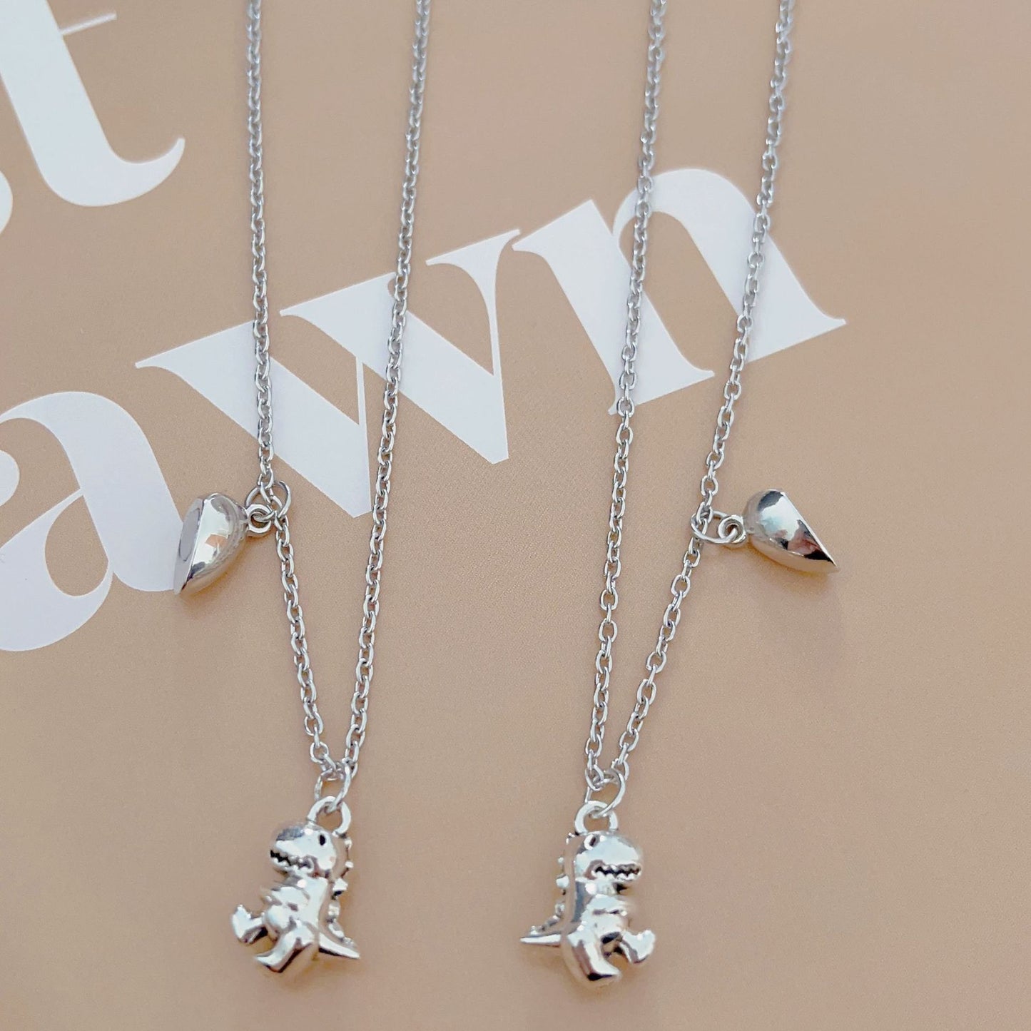 Women's & Men's Design Alloy Dinosaur Love Magnetic Snap Suction Couple One Necklace