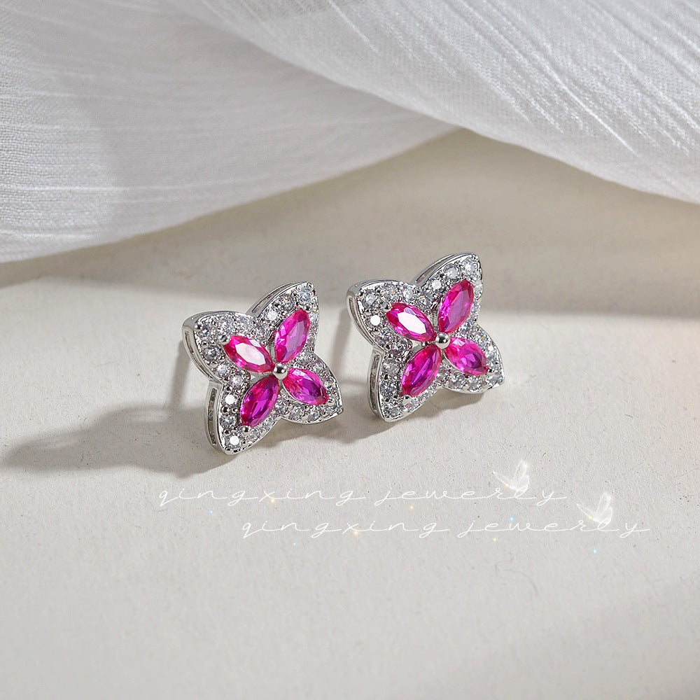 Women's Needle Red Corundum Zircon Dopamine Wear Color Clover Earrings