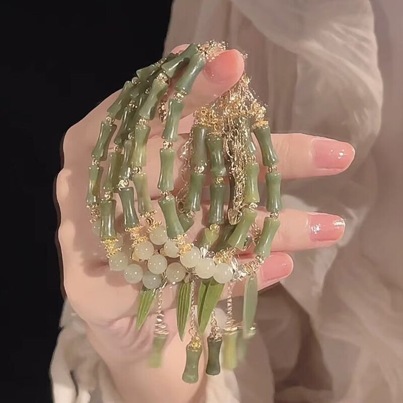 Chinese Style Bamboo Beaded Female Retro Minority Design Leaf High Bracelets