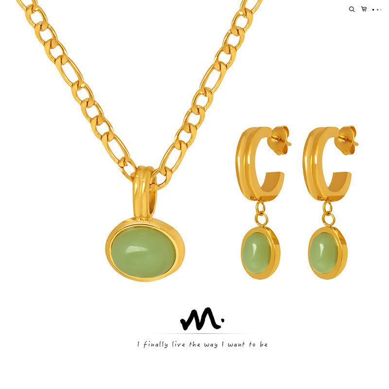 French Style Niche Green Aventurine Titanium Earrings