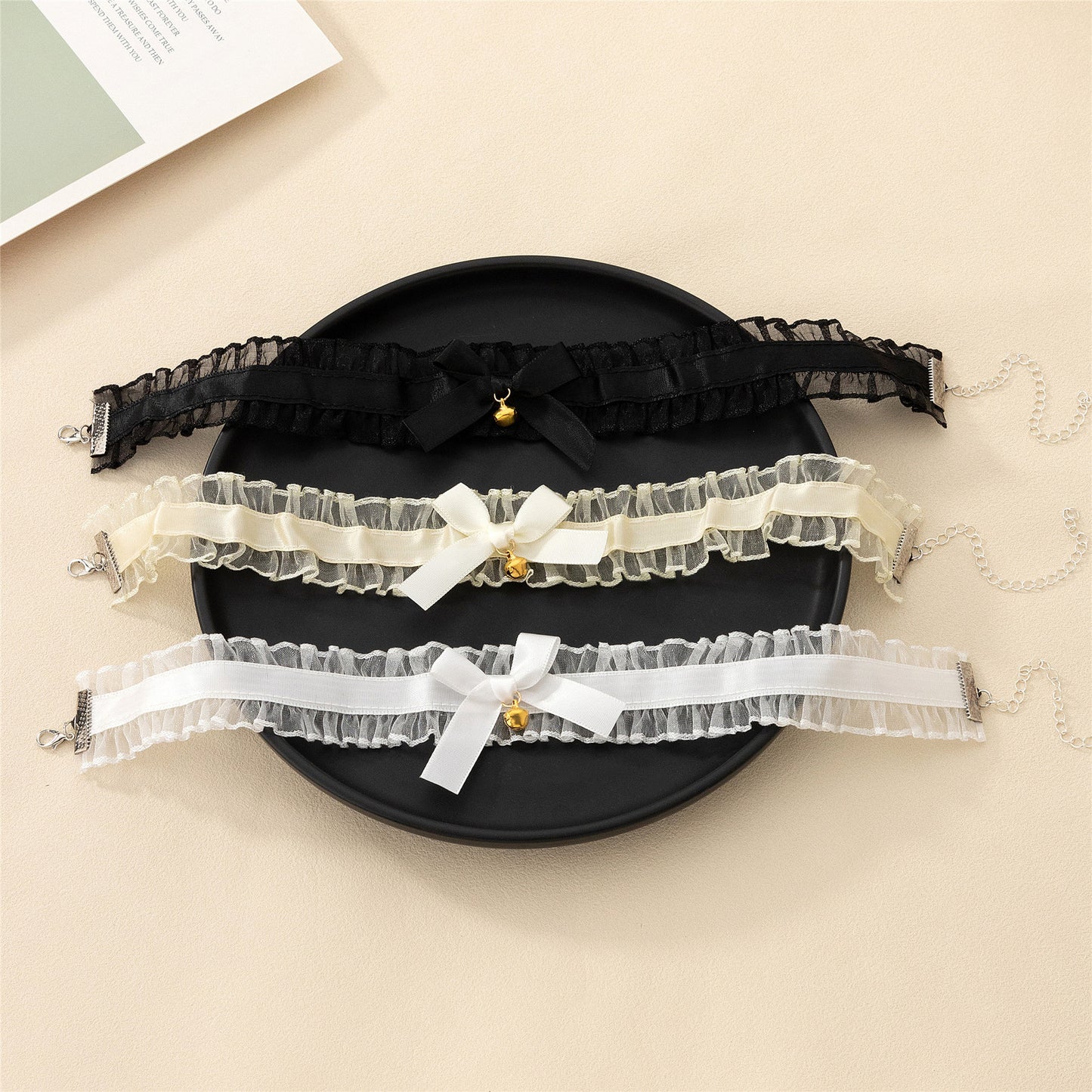 Women's Black Bow Ruffled Super Fairy Retro Little Bell Necklaces