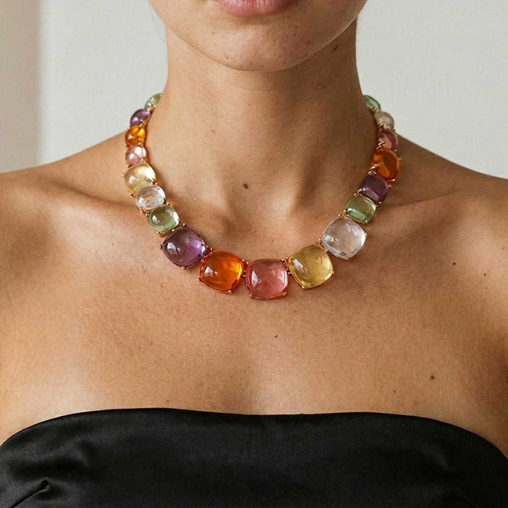 Cube Sugar Gem Female Light Luxury Temperament Color Crystal Dinner Jewelry Set