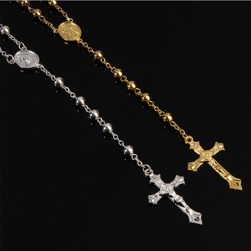 Men's String Beads Chain Cross Fashion Punk Personality Retro Necklace
