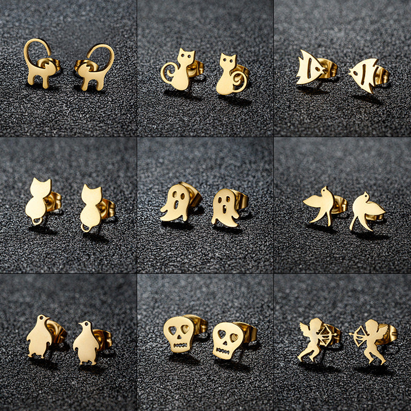 Stainless Steel Goldfish Bird Ear Design Ghost Skull Stud Earrings
