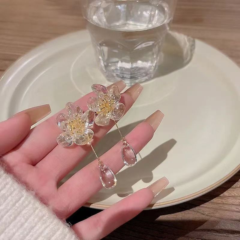 Women's Mori Style Transparent Flower Tassel Water Drop Earrings