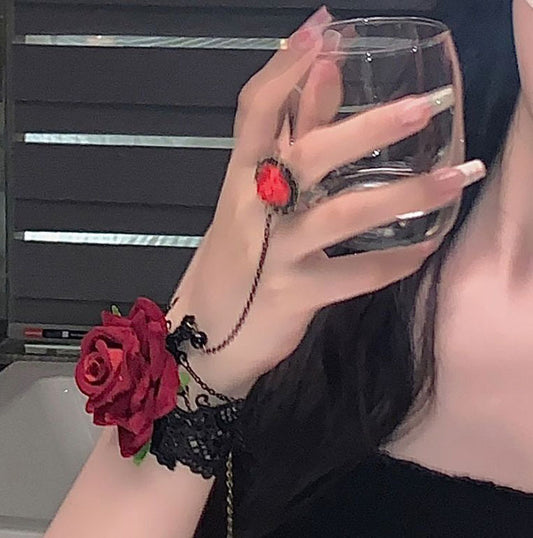 Punk Hand Jewelry Fashion Burgundy Flower Lace Bracelets