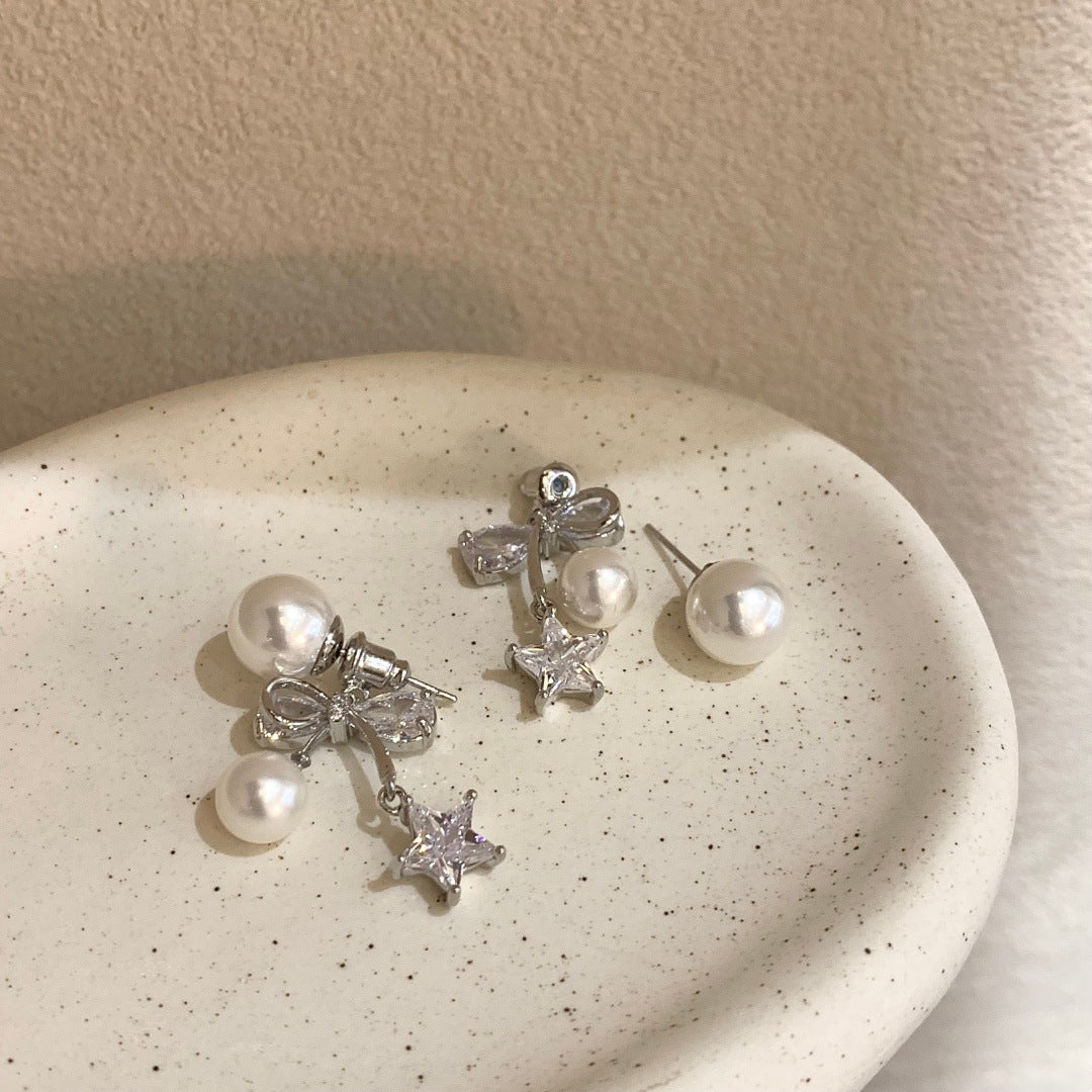 Women's Minority Design Zircon Pearl Bow Front Back Fashionable Earrings