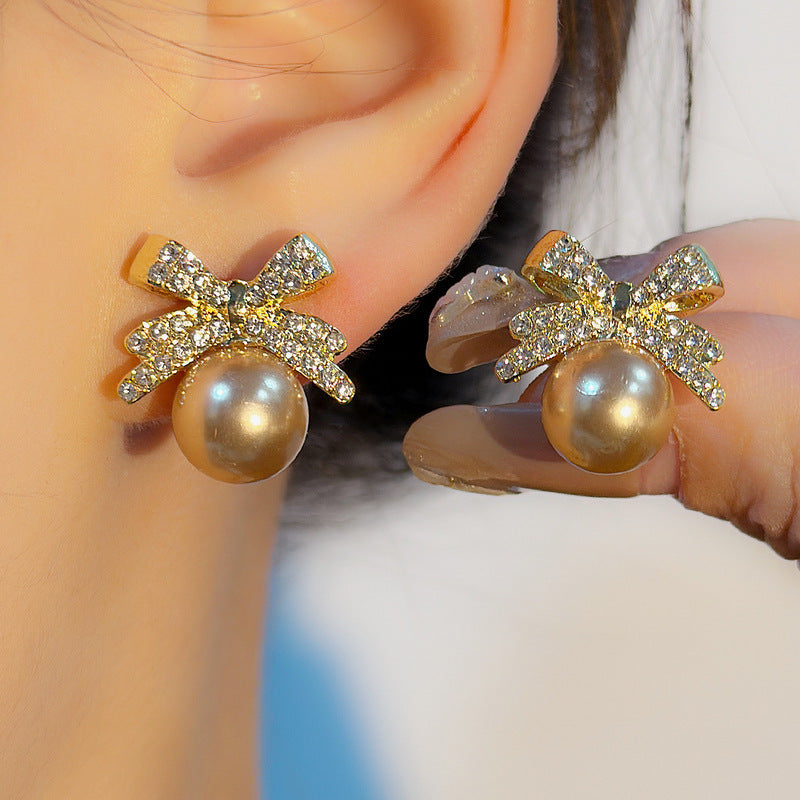 Women's Bowknot Pearl With Diamonds Temperament Wild Niche Design Stud Earrings