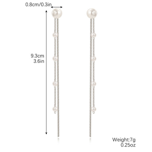 Temperamental Long Pearl Tassel Line Ear Earrings