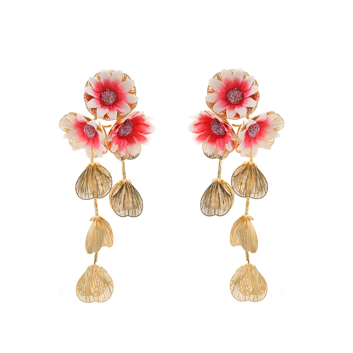 Women's Fashion Metal Hollow Floral Tassel Fresh Earrings