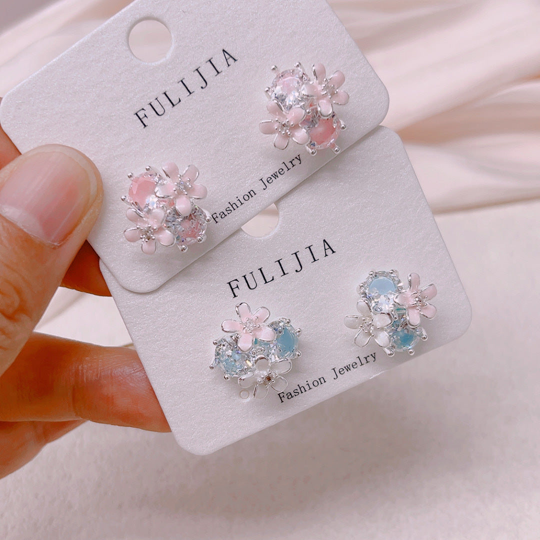 Unique Design Color Zircon Flower Super Fairy Cute Sier Stud Earrings