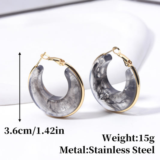Gradient Color Retro Style Temperament Shaped Resin Eardrop Stainless Steel Earrings