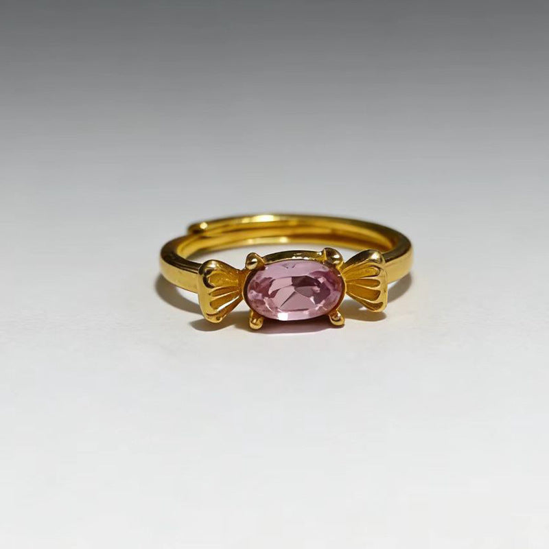Cute Pink Candy Bow Female Light Luxury Minority Opening Adjustable Rings