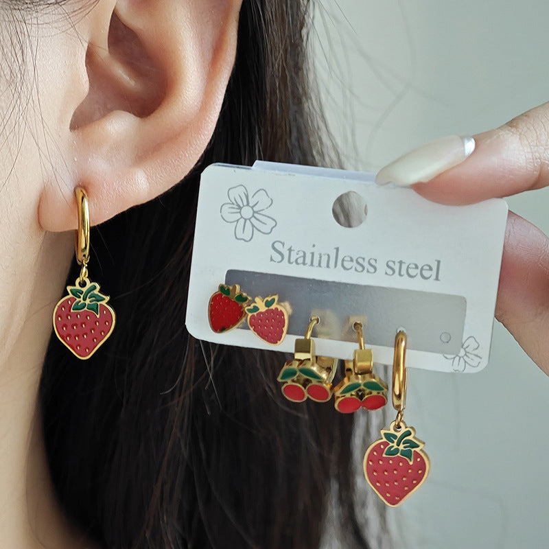 Strawberry Female Fruit Series Titanium Steel Ear Clip Earrings