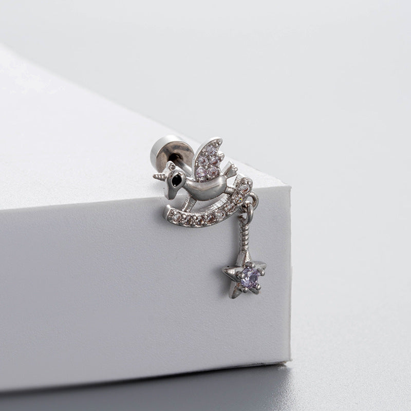 Steel Ear Bone Purple Heart-shaped Zircon Butterfly Screw High-grade Niche Rings