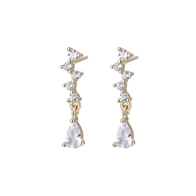 Sier Simple Fringed Zircon Water Drop Elegant Ear Earrings