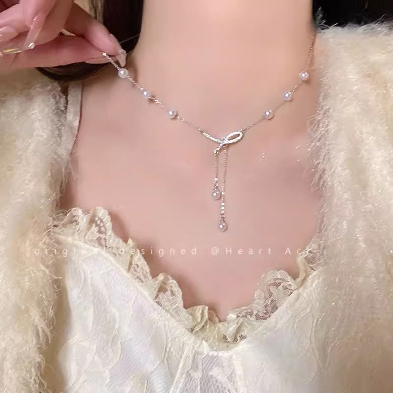 Female Bow Pearl Tassel Clavicle Chain Temperament Necklace