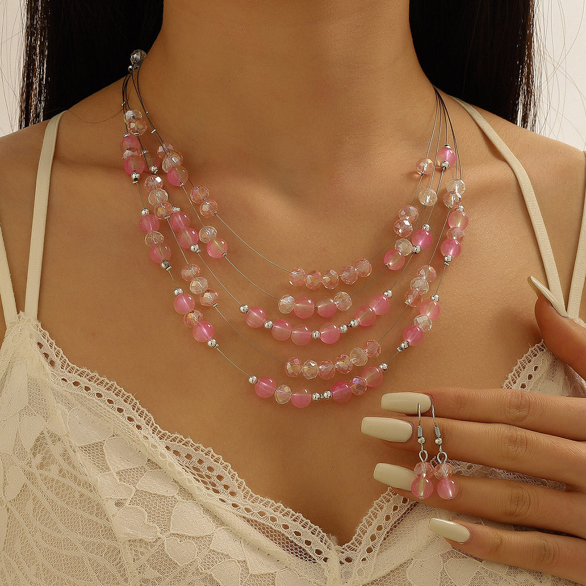 Women's Fashion Style Korean Love Pink Beaded Simple Graceful Jewelry Set