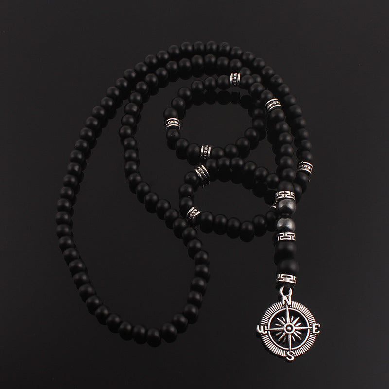 Imitation Matte Black Agate Alloy Compass Necklace