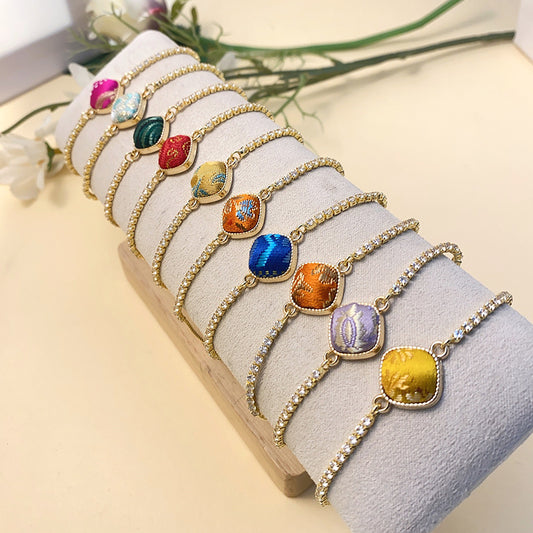 Brocade Geometric Square Chinese Rhinestone Pull Adjustable National Bracelets