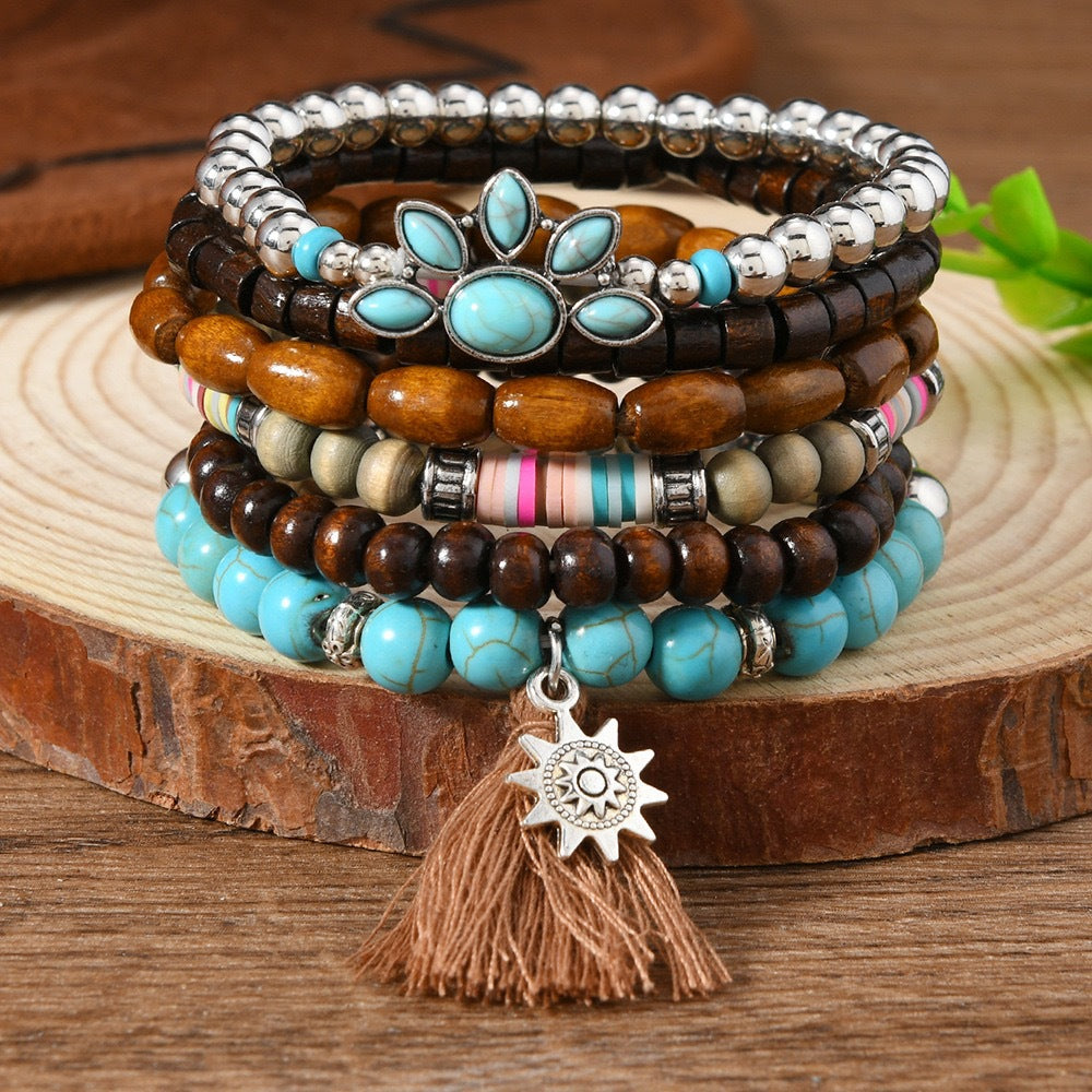 Wooden Bead Leather Rope Twin Ethnic Bracelet
