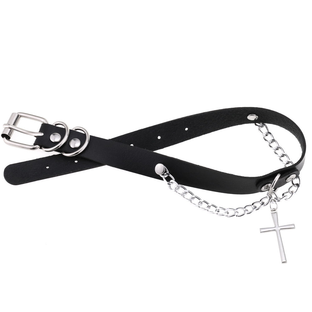 Leather Chain Cross Clavicle Classic Neckband Collar