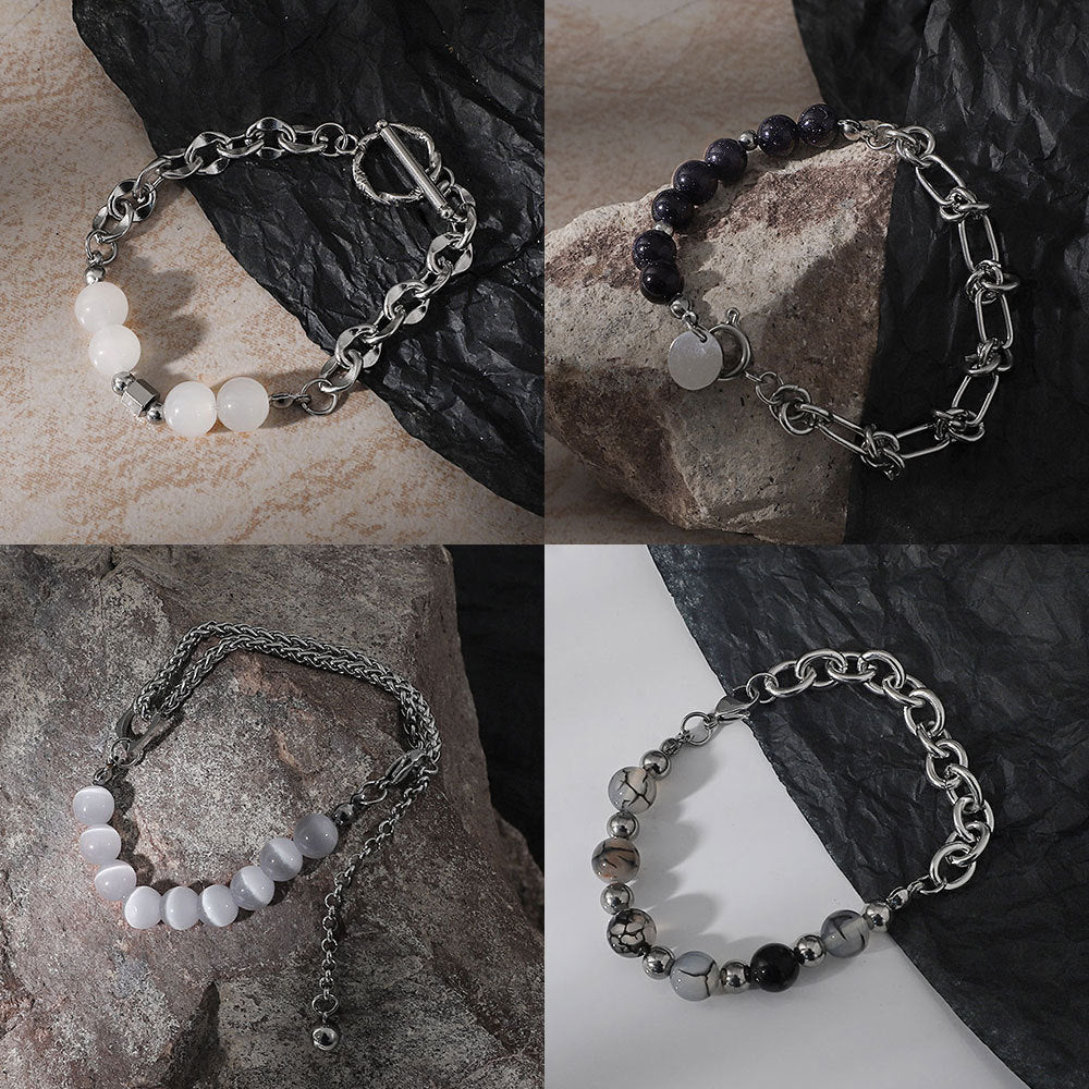 Surface Jade Safety Knot Mix Match Stitching Titanium Steel Retro Bracelet