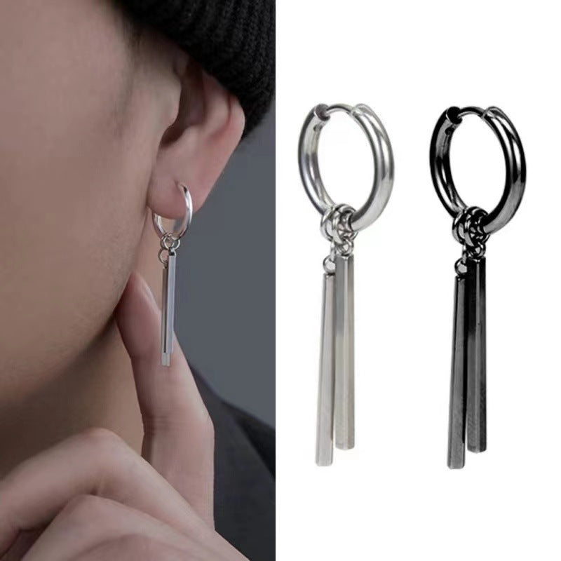Men's Stainless Steel Double Stick Rectangular Long Bar Niche High Sense Earrings