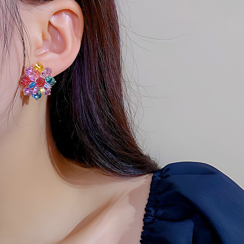 Women's Sier Needle Flower Color Zircon Mori Sweet Fashion Earrings