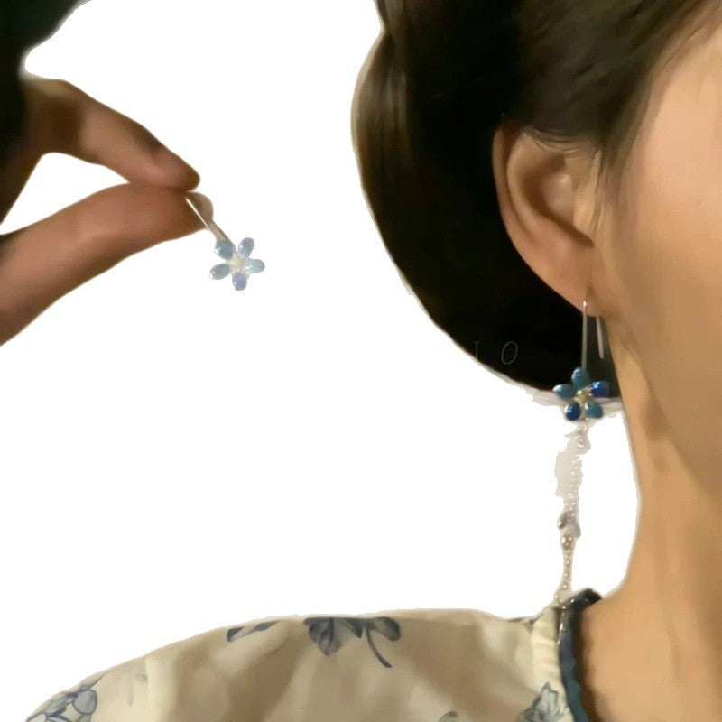 Women's Chinese Style National Burning Blue Beads Long Fringe Niche Retro Earrings