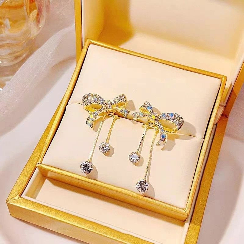 Diamond Bow Light Luxury Rhinestone Long Tassel Temperamental Rings