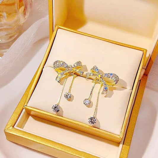 Diamond Bow Light Luxury Rhinestone Long Tassel Temperamental Rings