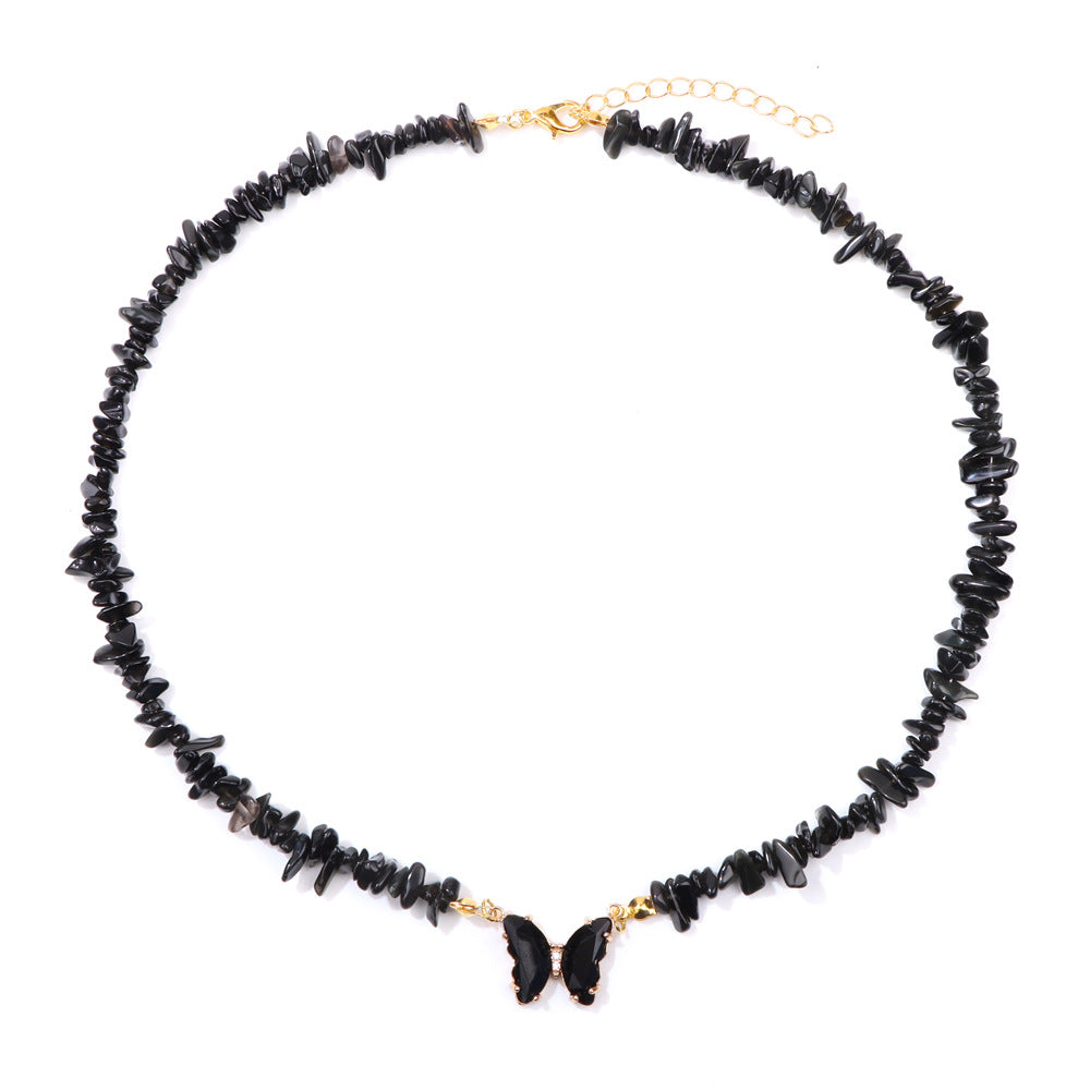 Women's Stone Gravel Beads Simple Butterfly Gem Necklaces