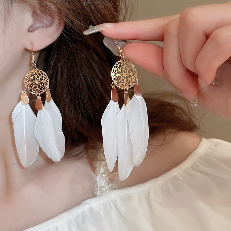 Feather Bead Tassel Niche Retro Vacation Earrings