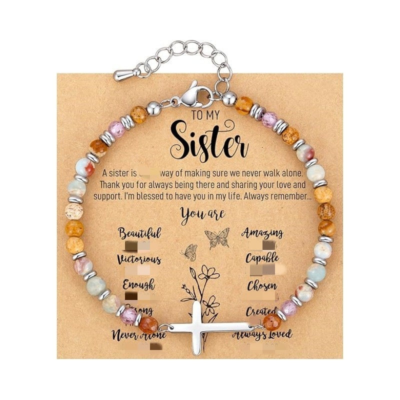 Women's Natural Stone Beaded Cross Lobster Buckle Adjustable Band Bracelet
