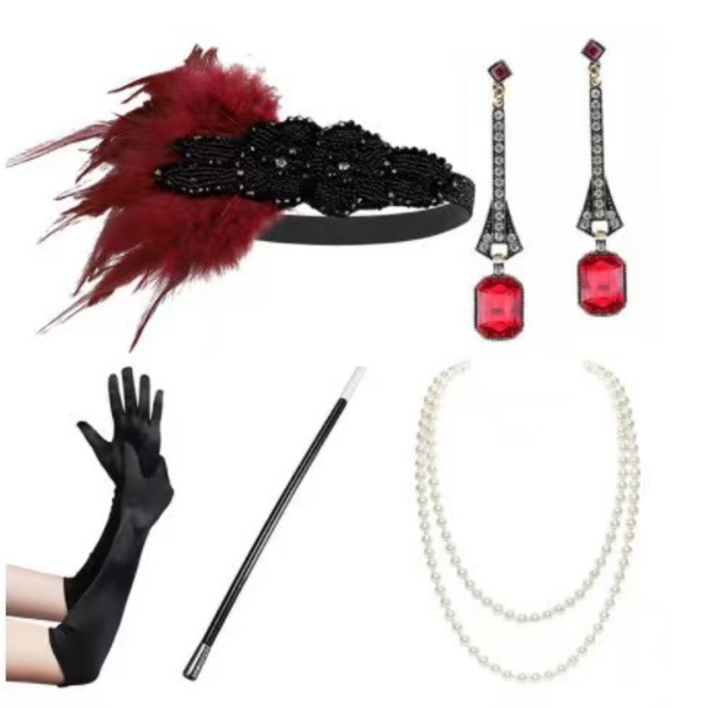 Red Feather Hair Band Masquerade Single Jewelry Set